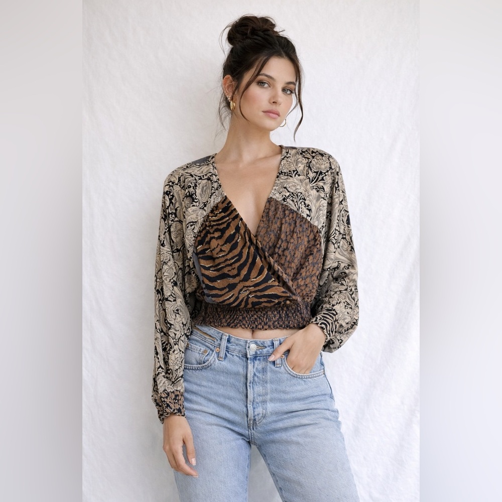 Vintage 90s Carole Little Mixed Print Beaded Blouse Tiger Floral L